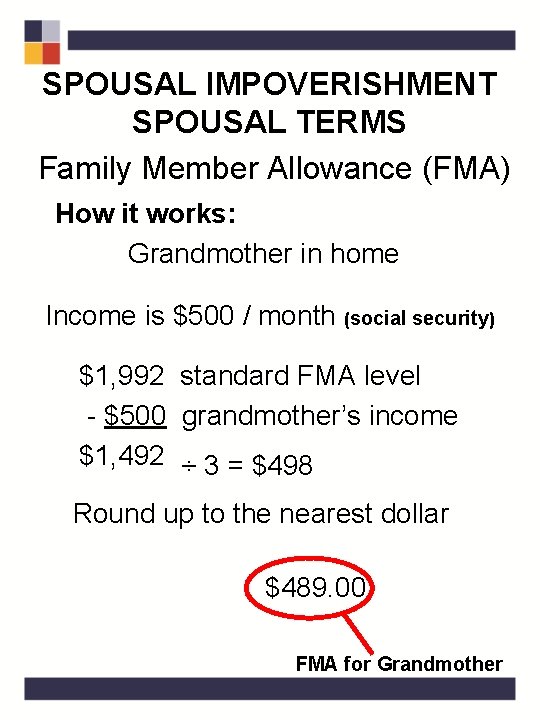 SPOUSAL IMPOVERISHMENT SPOUSAL TERMS Family Member Allowance (FMA) How it works: Grandmother in home