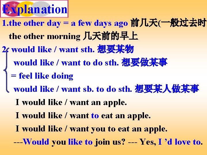 Explanation 1. the other day = a few days ago 前几天(一般过去时) the other morning