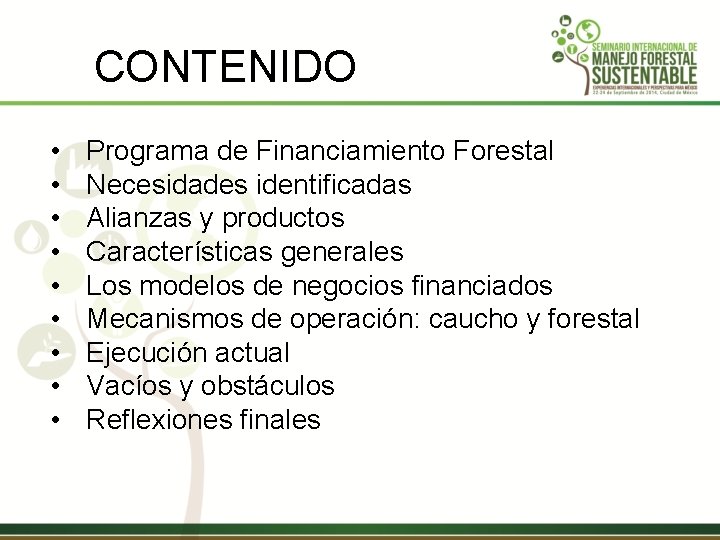 CONTENIDO • • • Programa de Financiamiento Forestal Necesidades identificadas Alianzas y productos Características