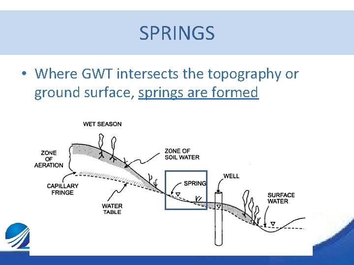 SPRINGS • Where GWT intersects the topography or ground surface, springs are formed 
