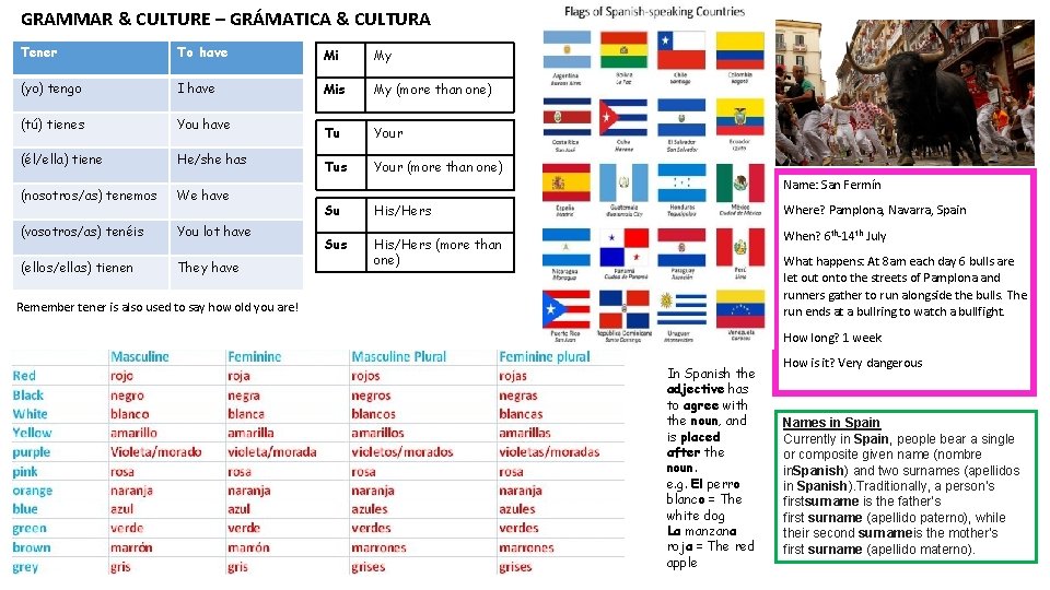 GRAMMAR & CULTURE – GRÁMATICA & CULTURA Tener To have Mi My (yo) tengo