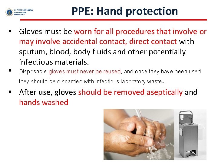 PPE: Hand protection § Gloves must be worn for all procedures that involve or