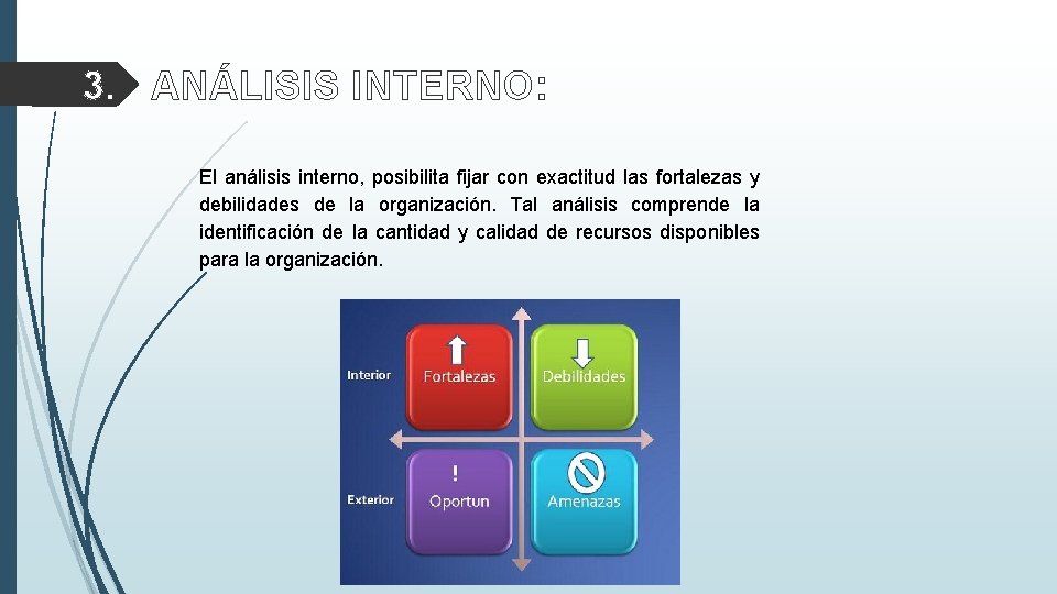 3. ANÁLISIS INTERNO: El análisis interno, posibilita fijar con exactitud las fortalezas y debilidades