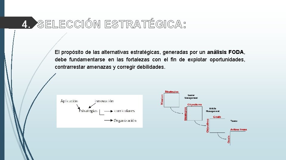 4. SELECCIÓN ESTRATÉGICA: El propósito de las alternativas estratégicas, generadas por un análisis FODA,