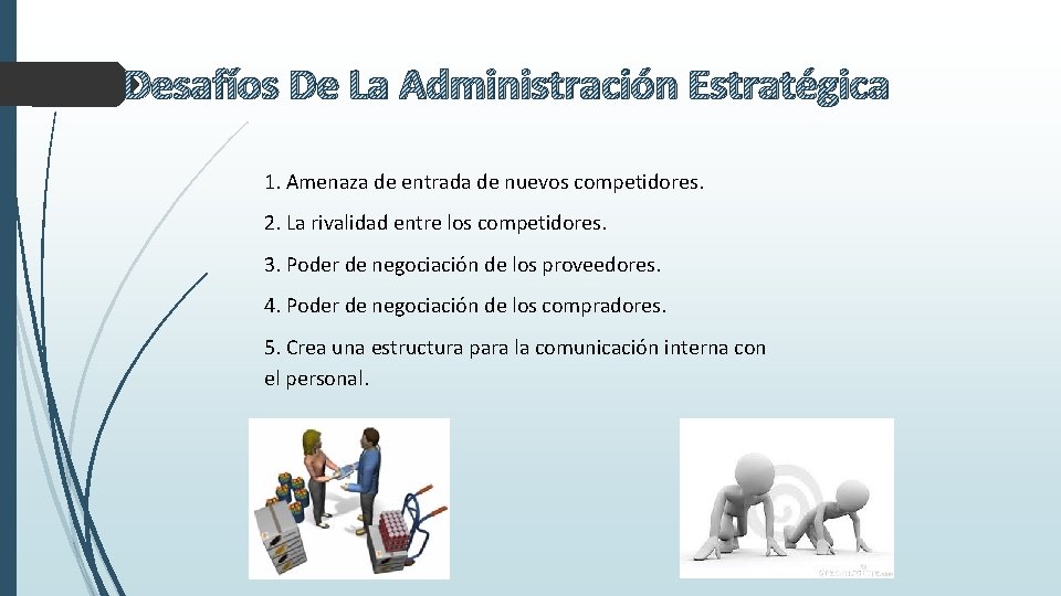 Desafíos De La Administración Estratégica 1. Amenaza de entrada de nuevos competidores. 2. La