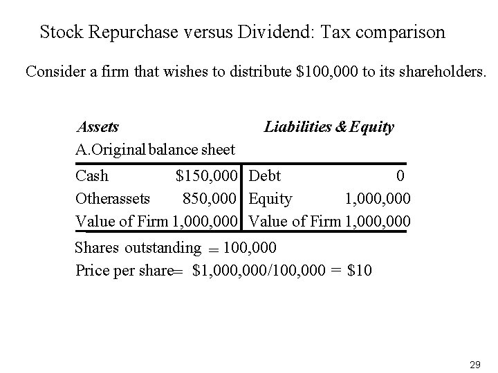Stock Repurchase versus Dividend: Tax comparison Consider a firm that wishes to distribute $100,