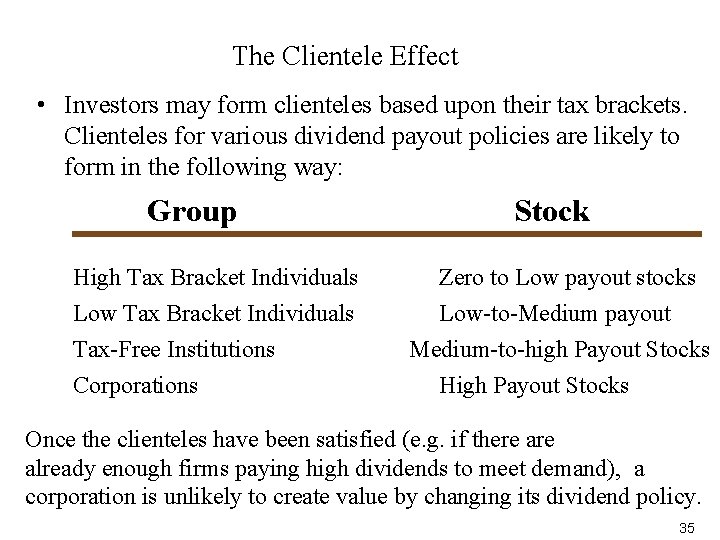 The Clientele Effect • Investors may form clienteles based upon their tax brackets. Clienteles