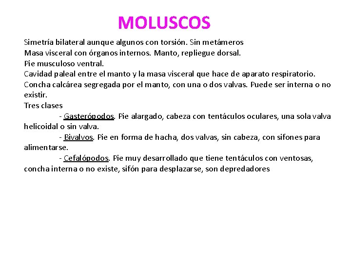 MOLUSCOS Simetría bilateral aunque algunos con torsión. Sin metámeros Masa visceral con órganos internos.