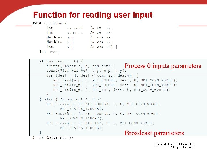 Function for reading user input Process 0 inputs parameters Broadcast parameters Copyright © 2010,