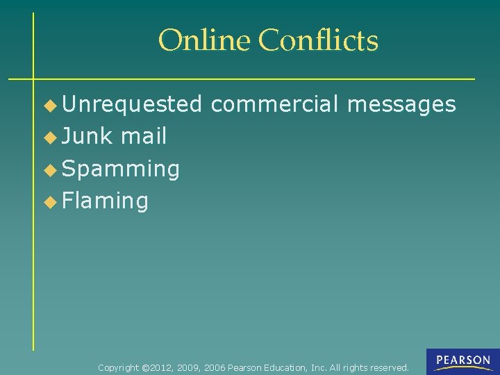 Online Conflicts u Unrequested commercial messages u Junk mail u Spamming u Flaming Copyright