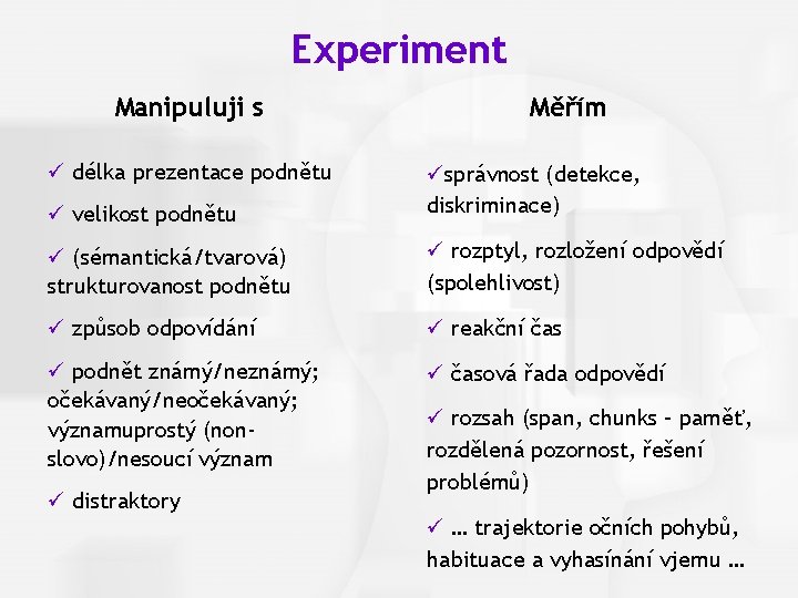 Cognitive Psychology, Fourth Edition, Robert J. Sternberg Experiment Manipuluji s ü délka prezentace podnětu