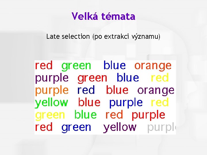 Cognitive Psychology, Fourth Edition, Robert J. Sternberg Velká témata Late selection (po extrakci významu)