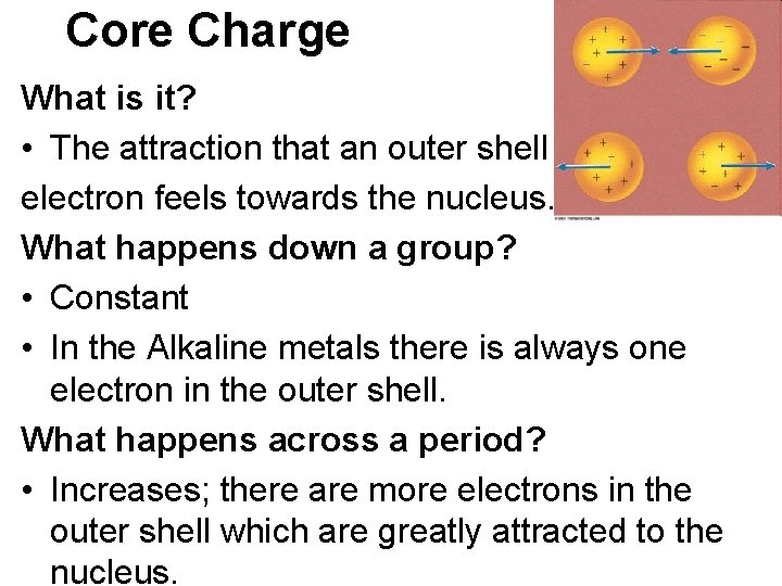 Core Charge What is it? • The attraction that an outer shell electron feels