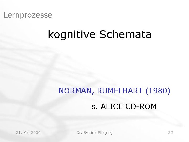 Lernprozesse kognitive Schemata NORMAN, RUMELHART (1980) s. ALICE CD-ROM 21. Mai 2004 Dr. Bettina