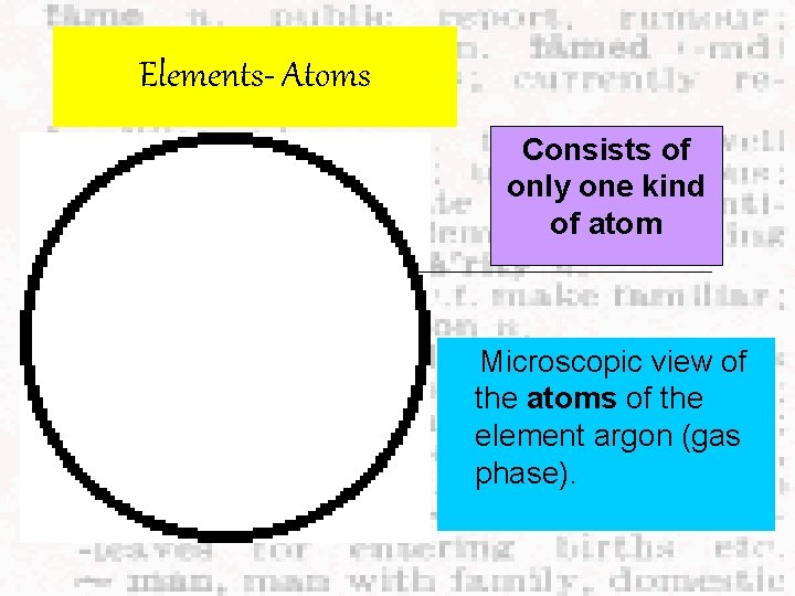 Elements- Atoms Consists of only one kind of atom Microscopic view of the atoms