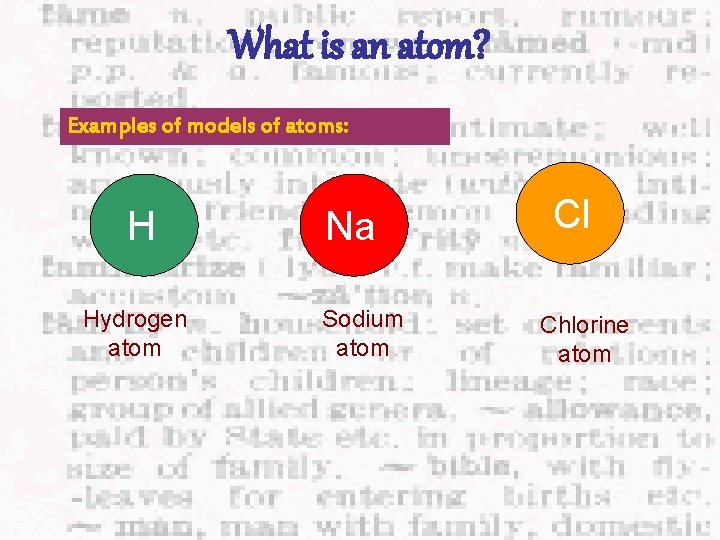 What is an atom? Examples of models of atoms: H Hydrogen atom Na Sodium