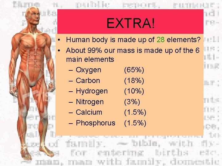 EXTRA! • Human body is made up of 28 elements? • About 99% our