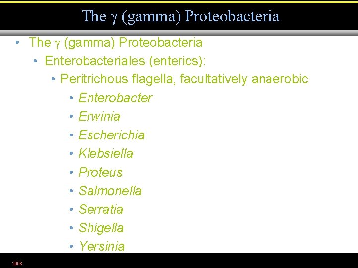 The (gamma) Proteobacteria • Enterobacteriales (enterics): • Peritrichous flagella, facultatively anaerobic • Enterobacter •