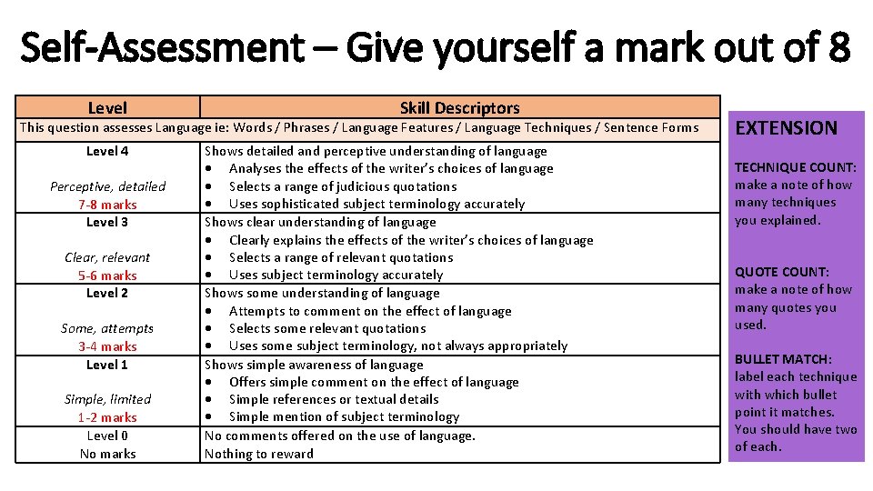 Self-Assessment – Give yourself a mark out of 8 Level Skill Descriptors This question