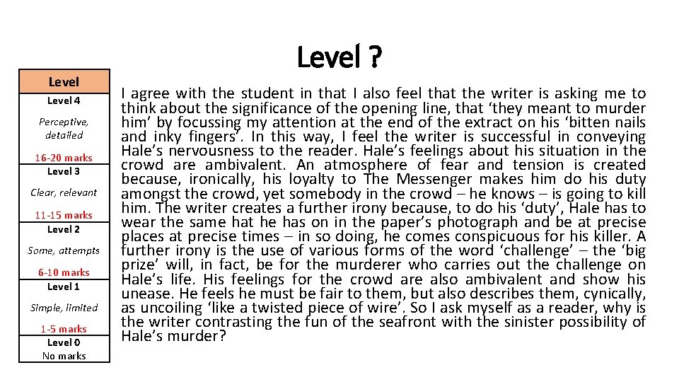 Level 4 Perceptive, detailed 16 -20 marks Level 3 Clear, relevant 11 -15 marks