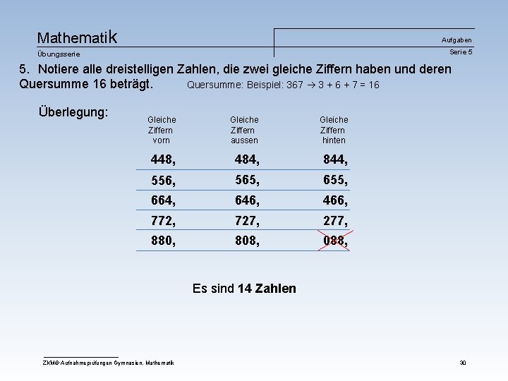 Mathematik Aufgaben Serie 5 Übungsserie 5. Notiere alle dreistelligen Zahlen, die zwei gleiche Ziffern