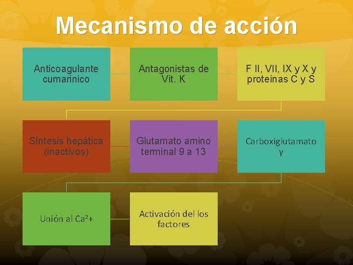 Mecanismo de acción Anticoagulante cumarinico Antagonistas de Vit. K F II, VII, IX y