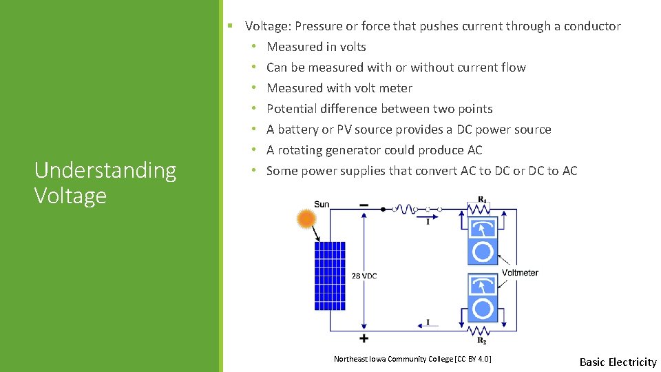 Understanding Voltage § Voltage: Pressure or force that pushes current through a conductor •