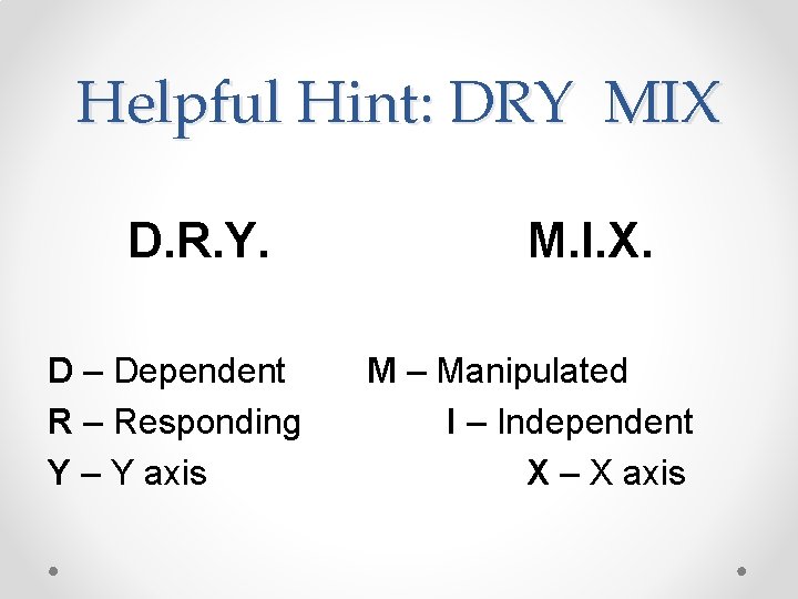 Helpful Hint: DRY MIX D. R. Y. D – Dependent R – Responding Y