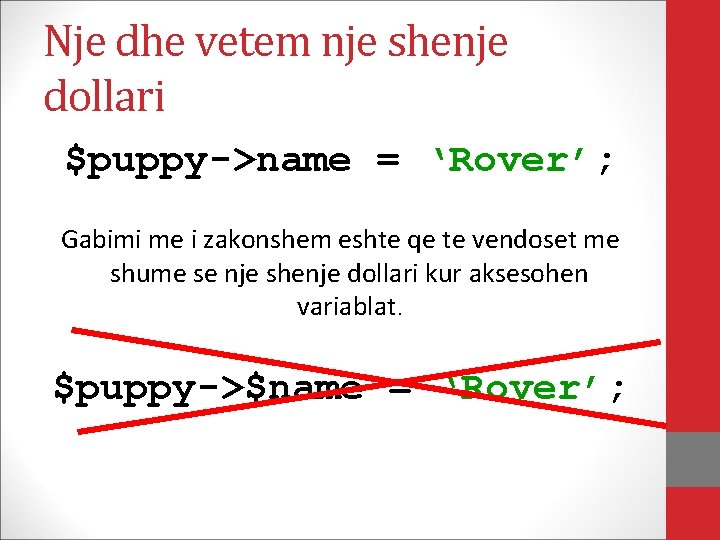 Nje dhe vetem nje shenje dollari $puppy->name = ‘Rover’; Gabimi me i zakonshem eshte