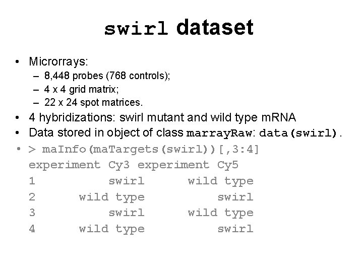 swirl dataset • Microrrays: – 8, 448 probes (768 controls); – 4 x 4