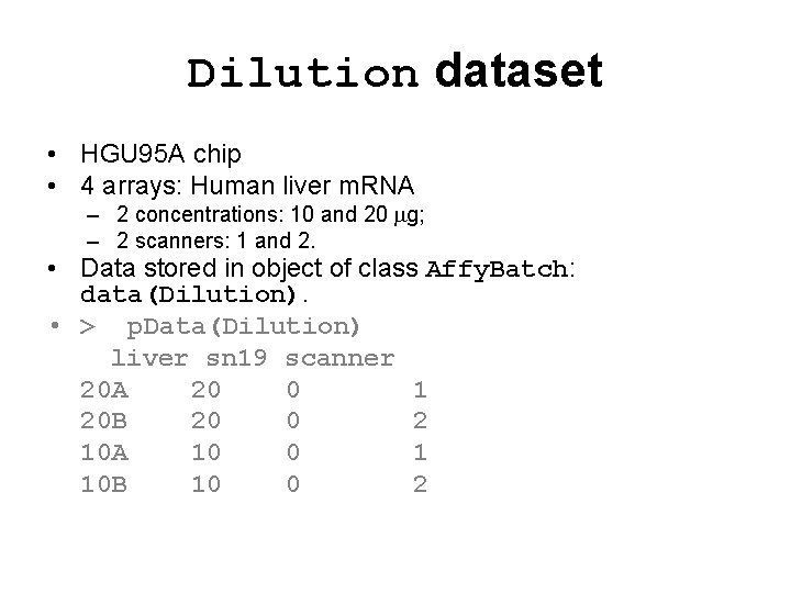 Dilution dataset • HGU 95 A chip • 4 arrays: Human liver m. RNA