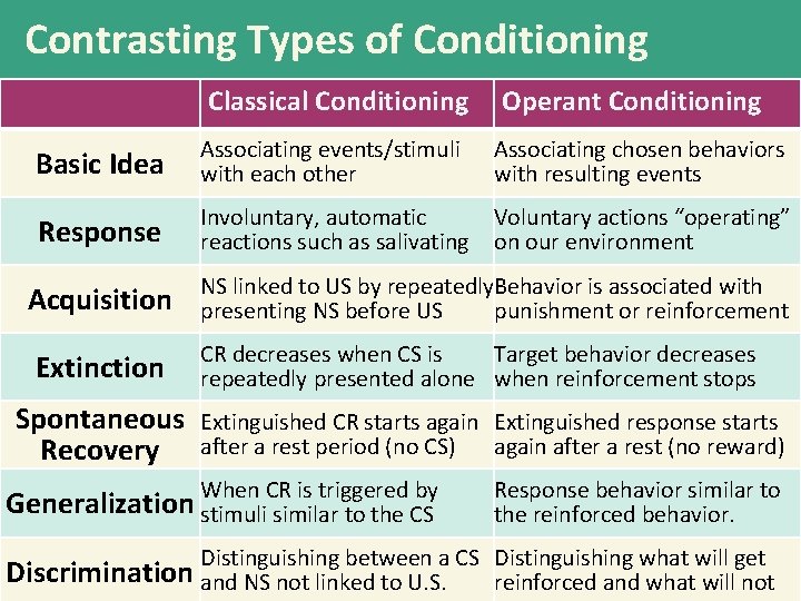Contrasting Types of Conditioning Classical Conditioning Operant Conditioning Basic Idea Associating events/stimuli Associating chosen
