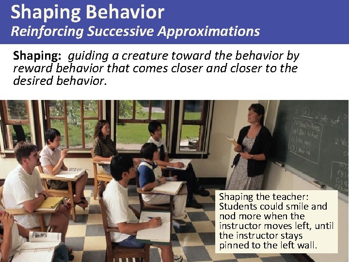 Shaping Behavior Reinforcing Successive Approximations Shaping: guiding a creature toward the behavior by reward