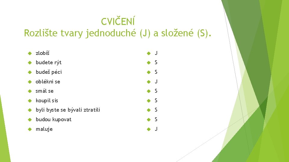 CVIČENÍ Rozlište tvary jednoduché (J) a složené (S). zlobíš J budete rýt S budeš