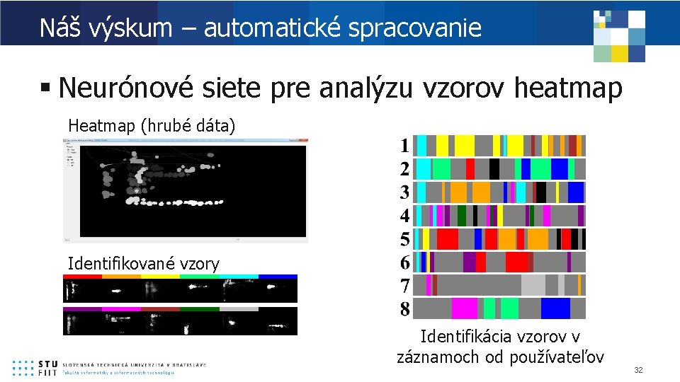 Náš výskum – automatické spracovanie § Neurónové siete pre analýzu vzorov heatmap Heatmap (hrubé