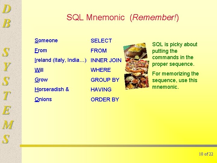 D B S Y S T E M S SQL Mnemonic (Remember!) Someone SELECT