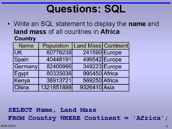 Questions: SQL • Write an SQL statement to display the name and land mass