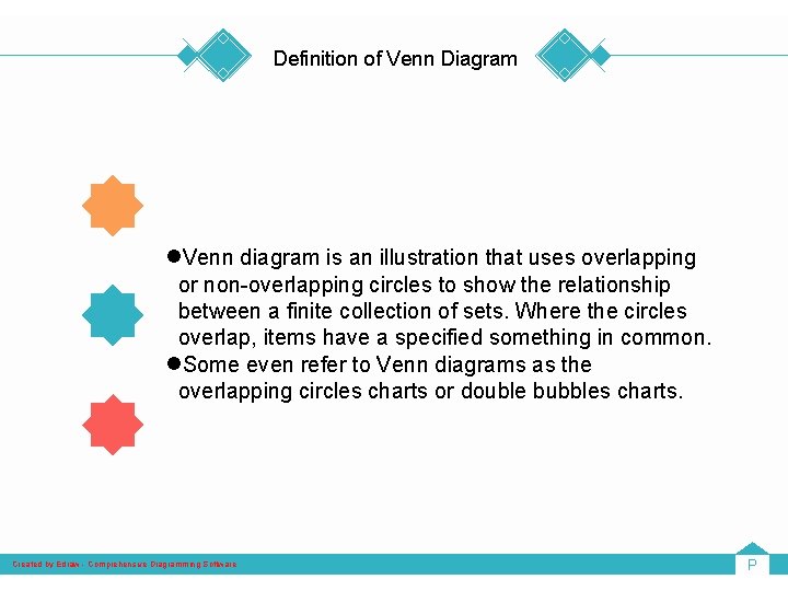 Definition of Venn Diagram l. Venn diagram is an illustration that uses overlapping or