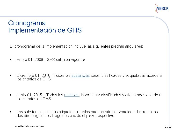 Cronograma Implementación de GHS El cronograma de la implementación incluye las siguientes piedras angulares: