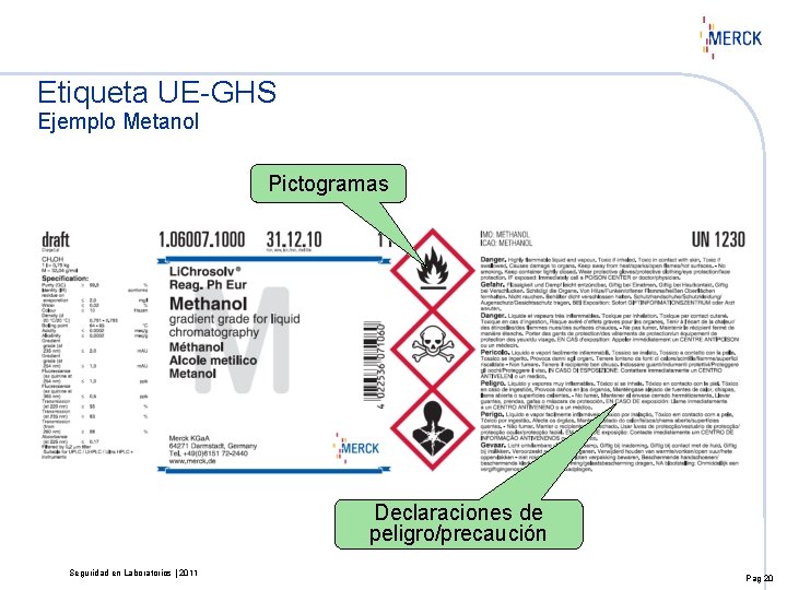 Etiqueta UE-GHS Ejemplo Metanol Pictogramas Declaraciones de peligro/precaución Seguridad en Laboratorios | 2011 Pag