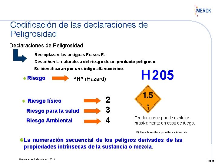 Codificación de las declaraciones de Peligrosidad Declaraciones de Peligrosidad Reemplazan las antiguas Frases R.