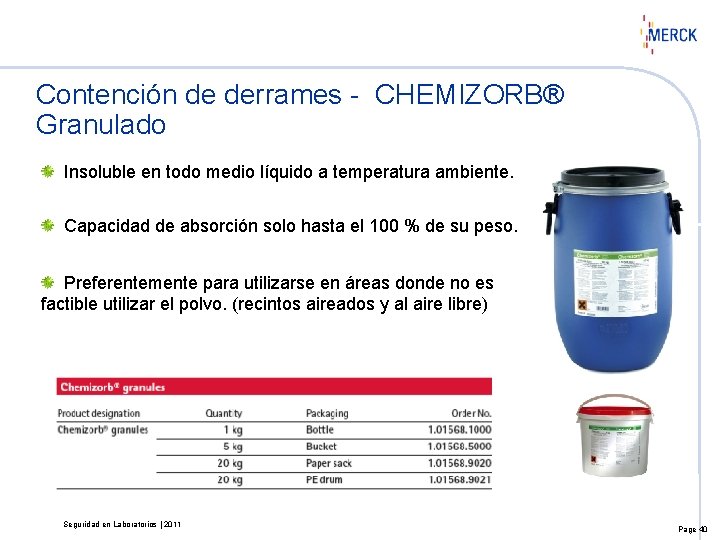 Contención de derrames - CHEMIZORB® Granulado Insoluble en todo medio líquido a temperatura ambiente.