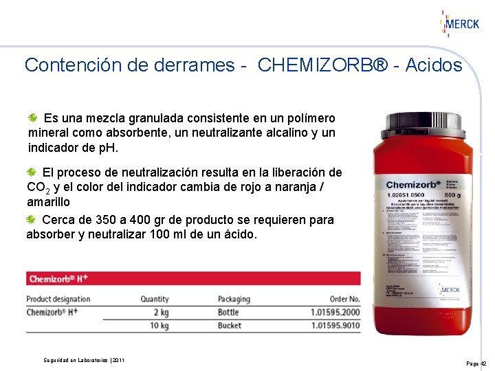 Contención de derrames - CHEMIZORB® - Acidos Es una mezcla granulada consistente en un