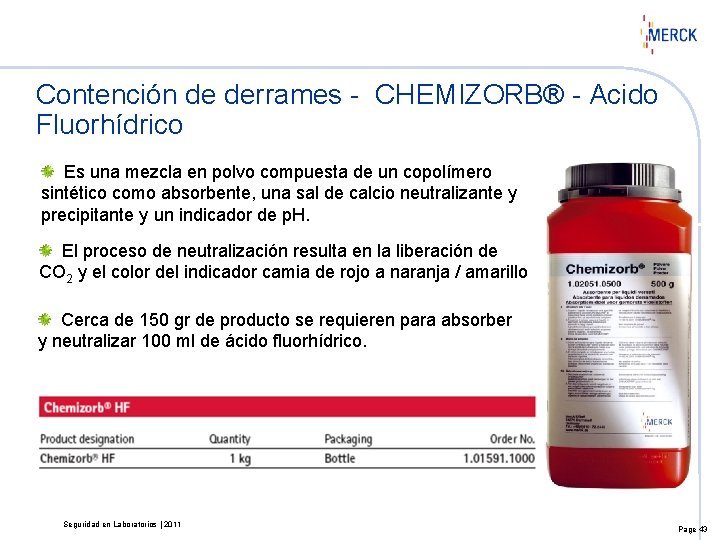 Contención de derrames - CHEMIZORB® - Acido Fluorhídrico Es una mezcla en polvo compuesta