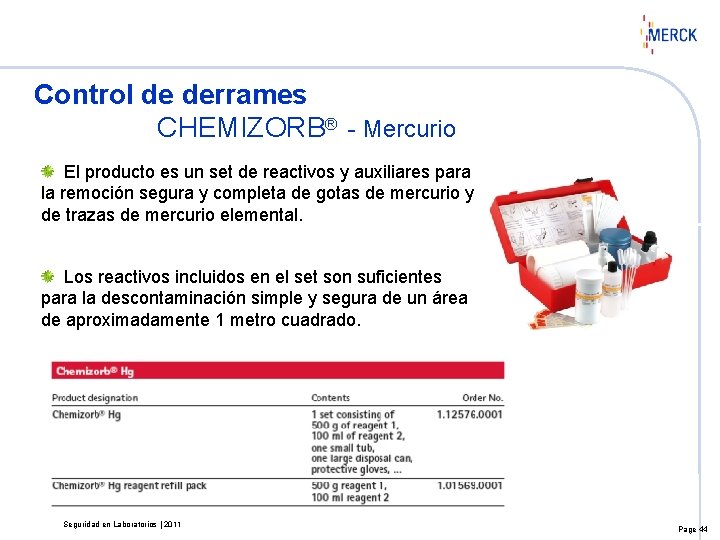 Control de derrames CHEMIZORB® - Mercurio El producto es un set de reactivos y