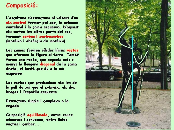 Composició: L’escultura s’estructura al voltant d’un eix central format pel cap, la columna vertebral
