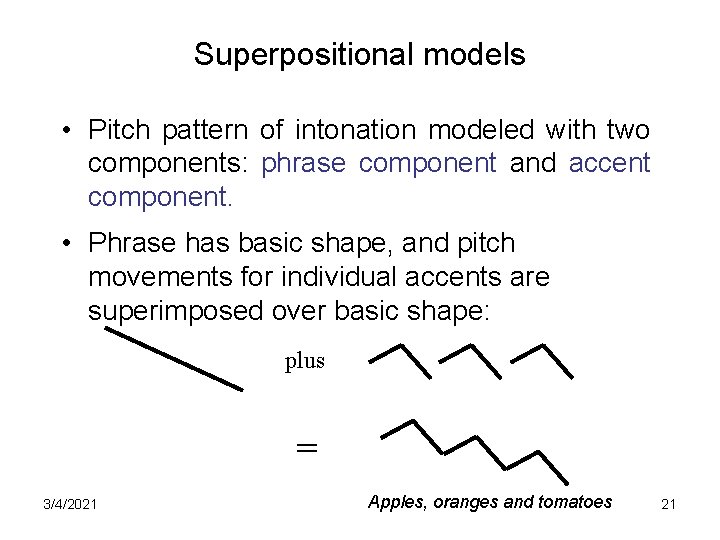 Superpositional models • Pitch pattern of intonation modeled with two components: phrase component and