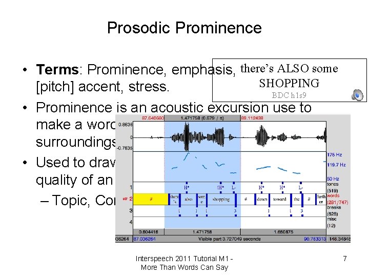 Prosodic Prominence • Terms: Prominence, emphasis, there’s ALSO some SHOPPING [pitch] accent, stress. BDC