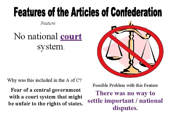 Feature No national court system. Why was this included in the A of C?