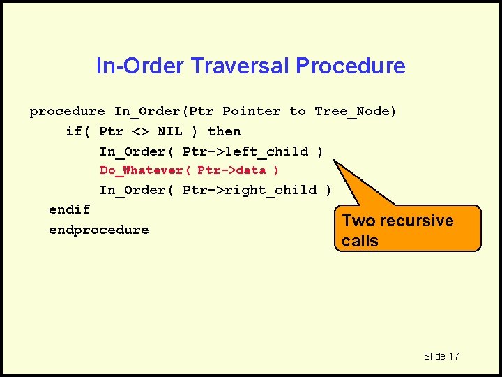 In-Order Traversal Procedure procedure In_Order(Ptr Pointer to Tree_Node) if( Ptr <> NIL ) then
